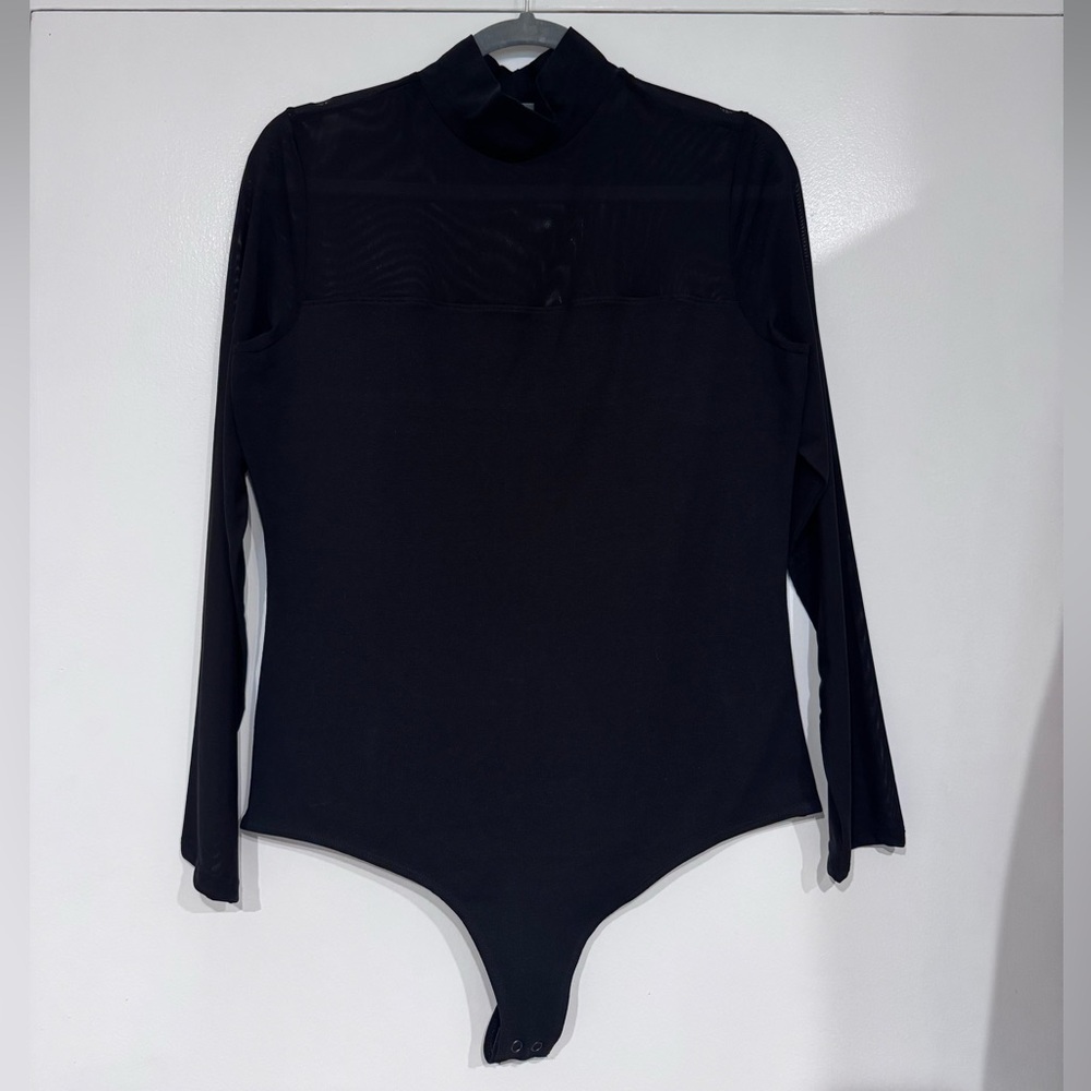 Express Black Long-Sleeve mesh Mock Neck Bodysuit L